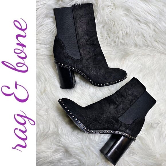 RAG & BONE Romi Black Suede Chelsea Silver Stud Block Heel...